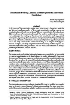 Constitution: Evolving Concepts and Prerequisite of a Democratic Constitution / Tripathee, Rewati Raj in NJA Law Journal (v. 3 : 1 Jan 2009 - Dec 2009)