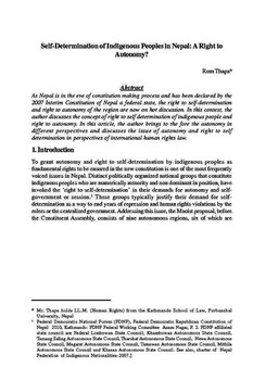 Self-Determination of Indigenous Peoples in Nepal: A Right to Autonomy? / Thapa, Rom in NJA Law Journal (v. 3 : 1 Jan 2009 - Dec 2009)