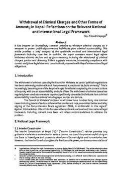 Withdrawal of Criminal Charges and Other Forms of Amnesty in Nepal: Reflections on the Relevant National and International Legal Framework / Chapagain, Raju Prasad in NJA Law Journal (v. 4 : 1 Jan 201